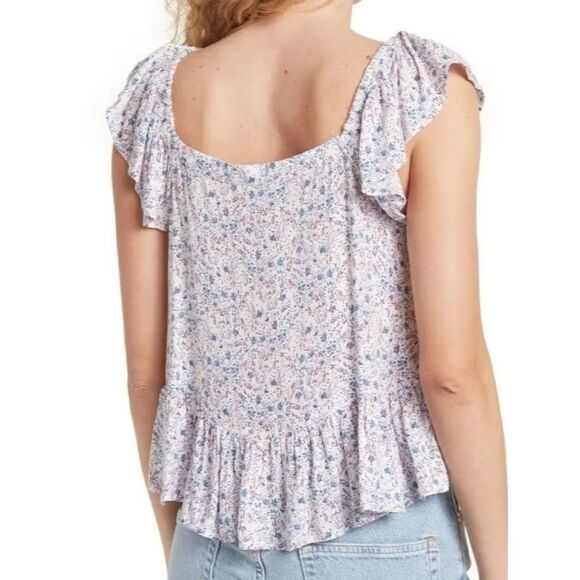 Lucky Brand Phoebe Crochet Trim Top L Flutter Sleeves White & Lilac Floral NEW - Picture 2 of 7